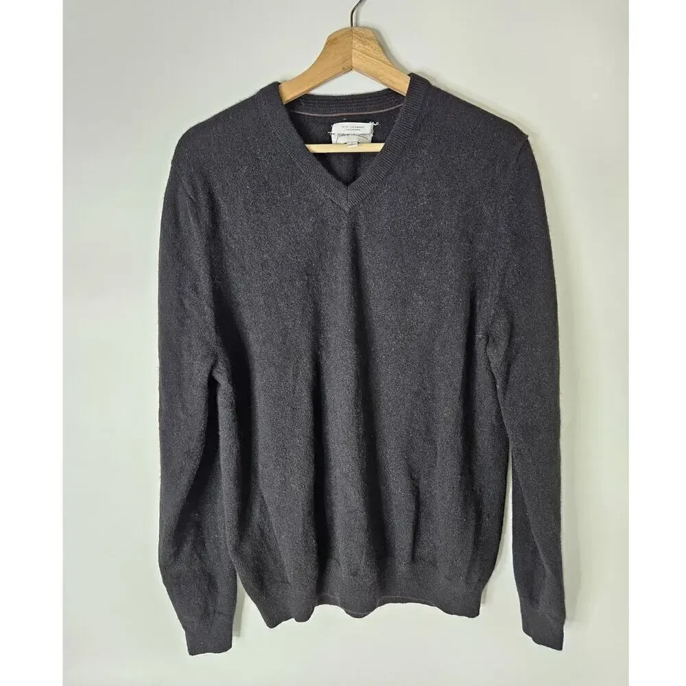 John W Nordstrom Mens Size L Black Cashmere V Neck Sweater Pullover Knit Luxe
